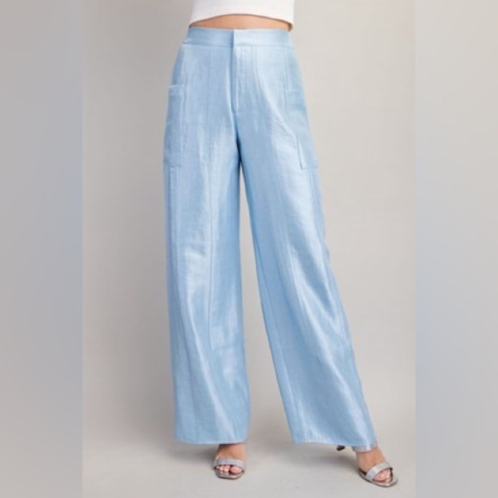 882. High Waisted Pocket Satin Pants in Sky